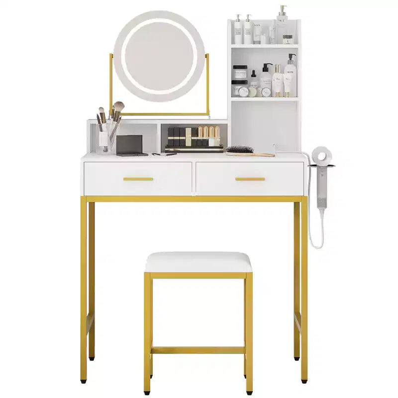 Coiffeuse moderne avec miroir rotatif réglable, 3 couleurs de lumière, table de maquillage avec rangement pour chambre à coucher