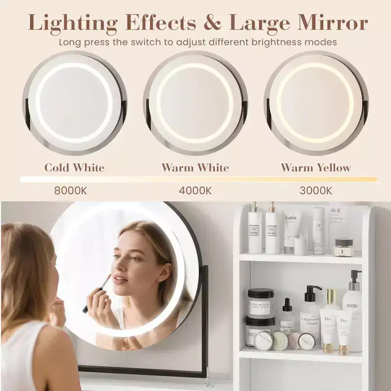 Coiffeuse moderne avec miroir rotatif réglable, 3 couleurs de lumière, table de maquillage avec rangement pour chambre à coucher