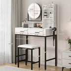 Coiffeuse moderne avec miroir rotatif réglable, 3 couleurs de lumière, table de maquillage avec rangement pour chambre à coucher