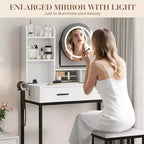 Coiffeuse moderne avec miroir rotatif réglable, 3 couleurs de lumière, table de maquillage avec rangement pour chambre à coucher