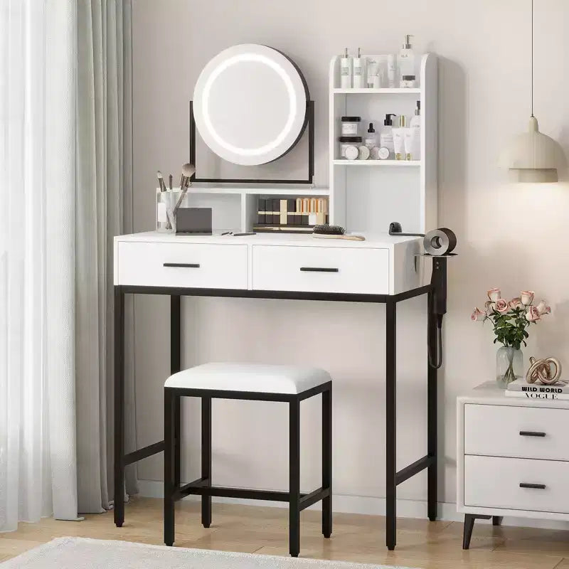 Coiffeuse moderne avec miroir rotatif réglable, 3 couleurs de lumière, table de maquillage avec rangement pour chambre à coucher