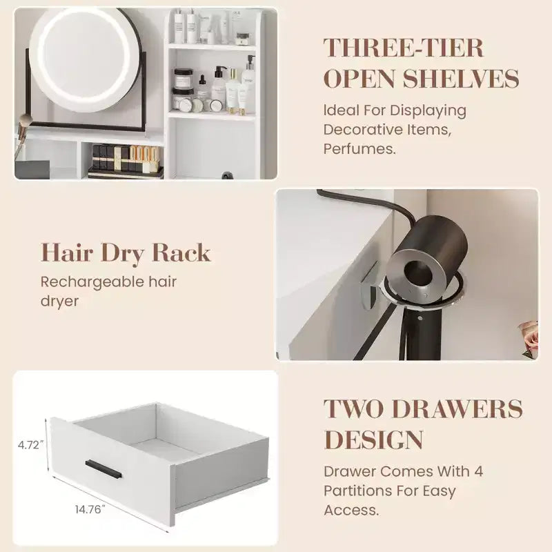 Coiffeuse moderne avec miroir rotatif réglable, 3 couleurs de lumière, table de maquillage avec rangement pour chambre à coucher