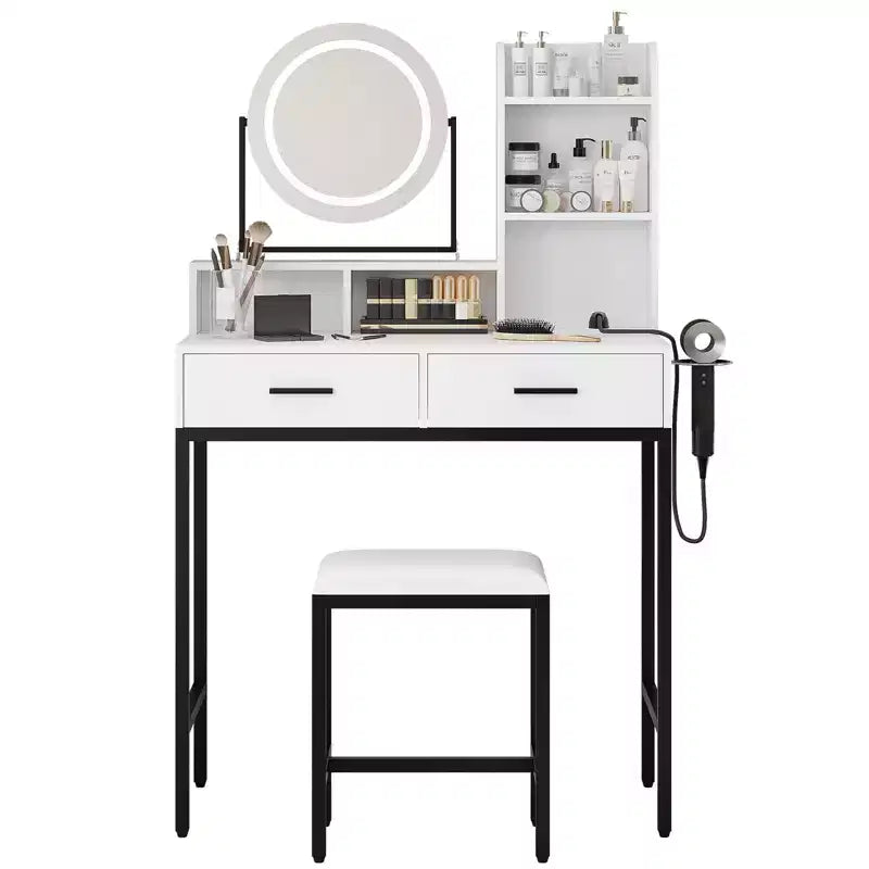 Coiffeuse moderne avec miroir rotatif réglable, 3 couleurs de lumière, table de maquillage avec rangement pour chambre à coucher