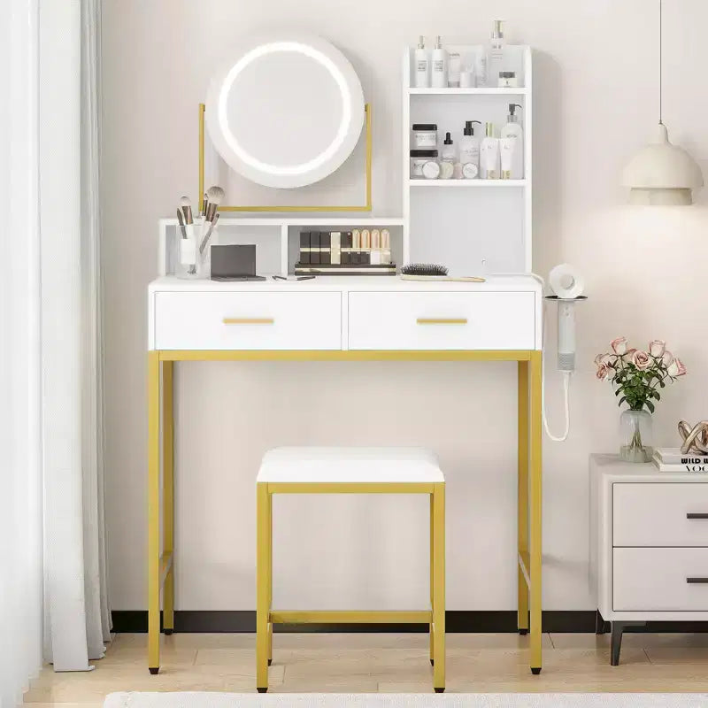 Coiffeuse moderne avec miroir rotatif réglable, 3 couleurs de lumière, table de maquillage avec rangement pour chambre à coucher