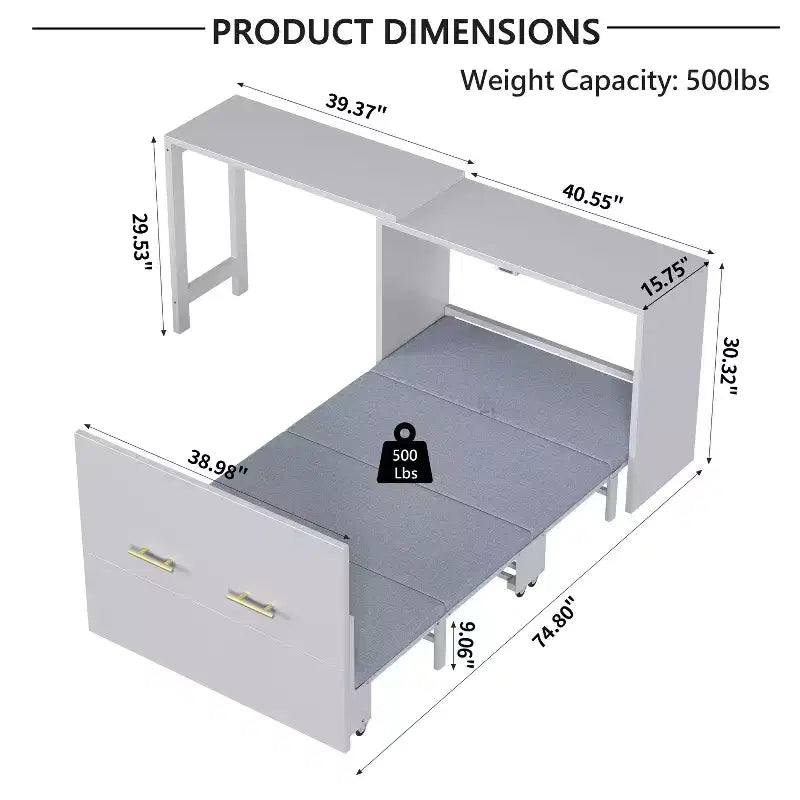 Lit escamotable mural simple avec bureau à position réglable, lit commode escamotable avec coussin pliable pour chambre d'amis