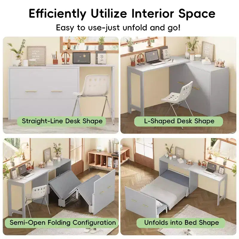 Lit escamotable mural simple avec bureau à position réglable, lit commode escamotable avec coussin pliable pour chambre d'amis