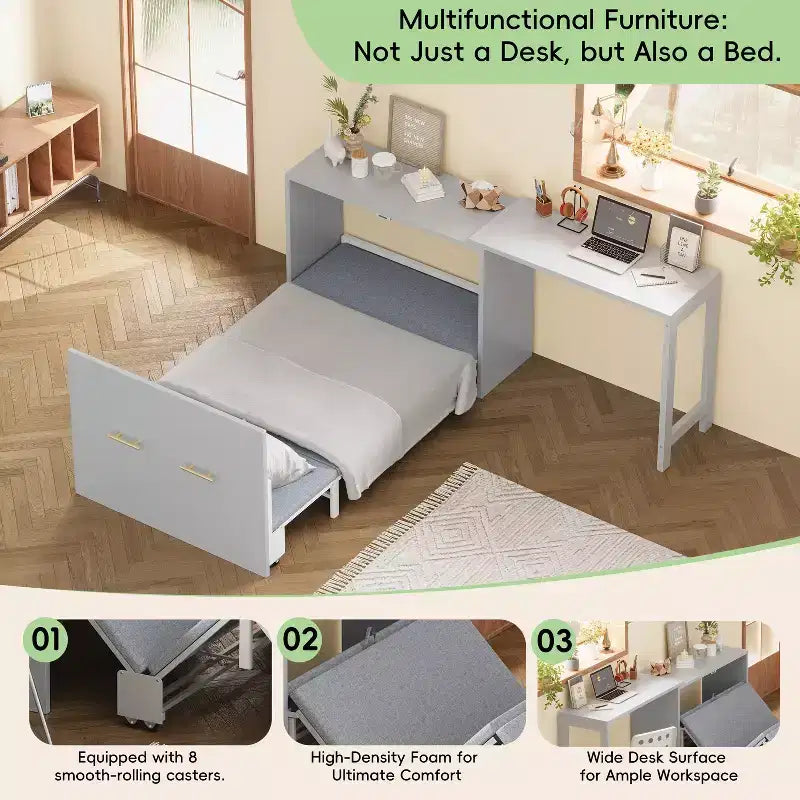 Lit escamotable mural simple avec bureau à position réglable, lit commode escamotable avec coussin pliable pour chambre d'amis