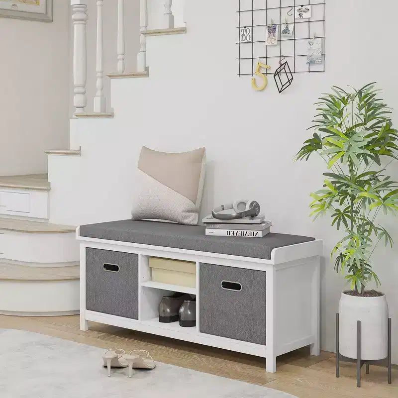Banc à chaussures avec coussin, banquette d'entrée avec 2 tiroirs et étagère réglable pour couloir
