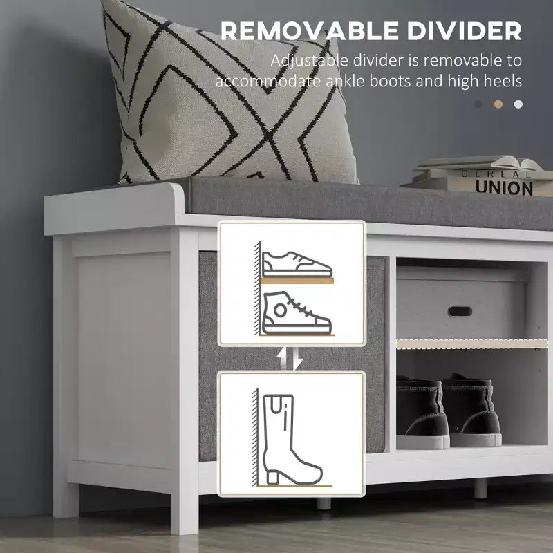 Banc à chaussures avec coussin, banquette d'entrée avec 2 tiroirs et étagère réglable pour couloir