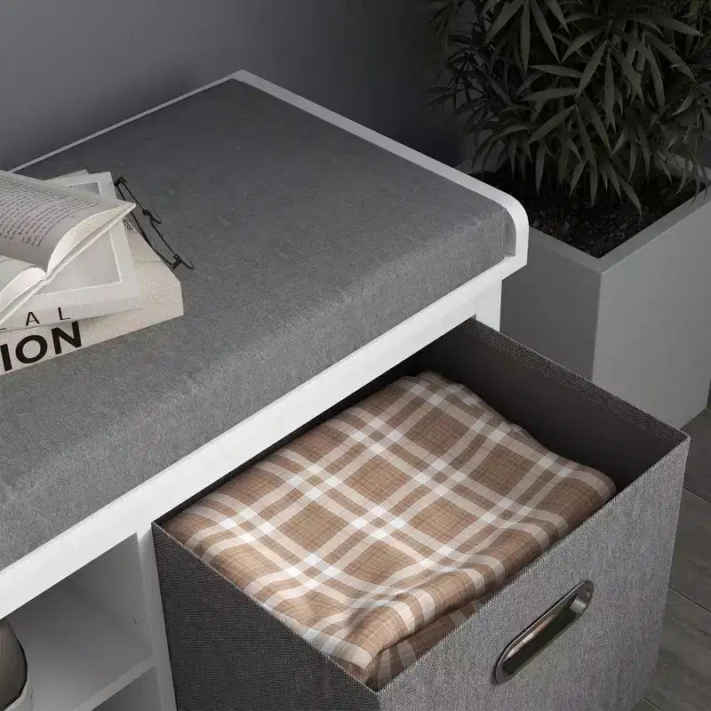 Banc à chaussures avec coussin, banquette d'entrée avec 2 tiroirs et étagère réglable pour couloir