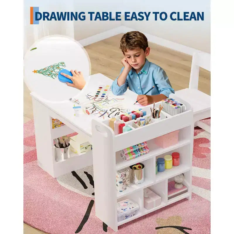 Table et chaises d'art pour enfants, bureau d'activités en bois avec étagères de rangement pour tout-petits, table d'activités pour enfants pour la maison, la salle de classe, la garderie