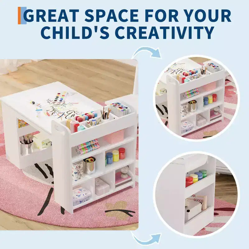 Table et chaises d'art pour enfants, bureau d'activités en bois avec étagères de rangement pour tout-petits, table d'activités pour enfants pour la maison, la salle de classe, la garderie