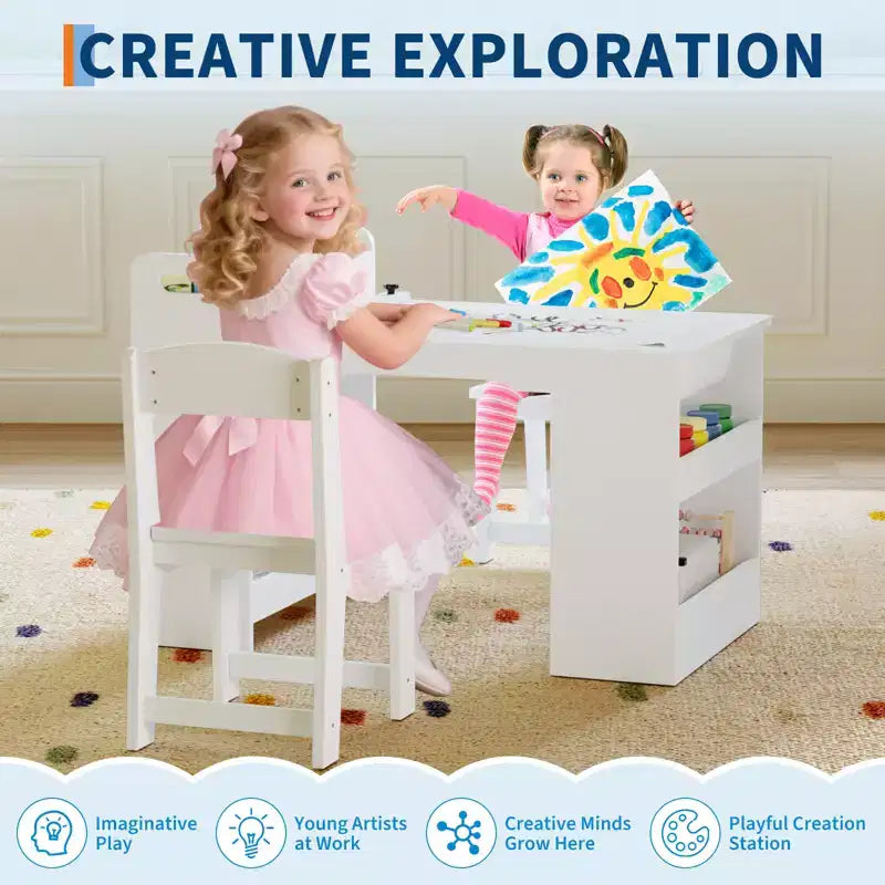Table et chaises d'art pour enfants, bureau d'activités en bois avec étagères de rangement pour tout-petits, table d'activités pour enfants pour la maison, la salle de classe, la garderie