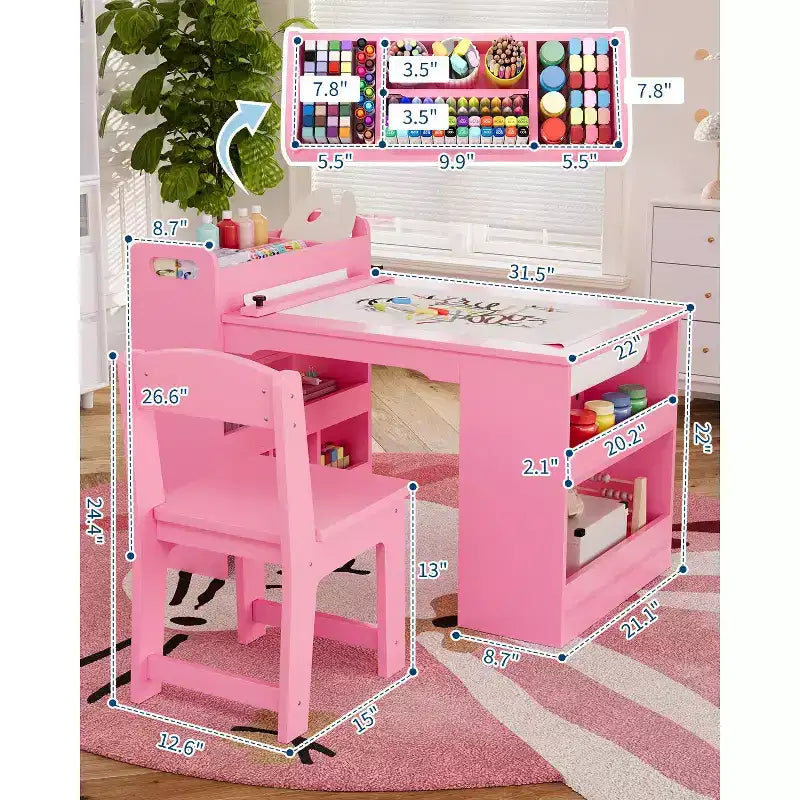 Table et chaises d'art pour enfants, bureau d'activités en bois avec étagères de rangement pour tout-petits, table d'activités pour enfants pour la maison, la salle de classe, la garderie