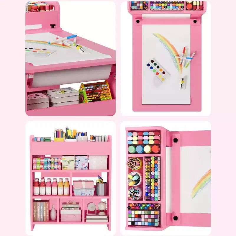 Table et chaises d'art pour enfants, bureau d'activités en bois avec étagères de rangement pour tout-petits, table d'activités pour enfants pour la maison, la salle de classe, la garderie