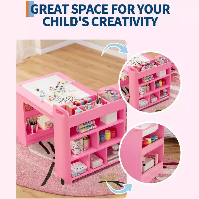 Table et chaises d'art pour enfants, bureau d'activités en bois avec étagères de rangement pour tout-petits, table d'activités pour enfants pour la maison, la salle de classe, la garderie