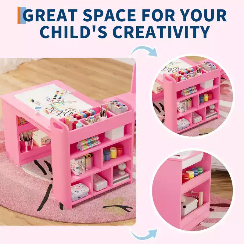 Table et chaises d'art pour enfants, bureau d'activités en bois avec étagères de rangement pour tout-petits, table d'activités pour enfants pour la maison, la salle de classe, la garderie