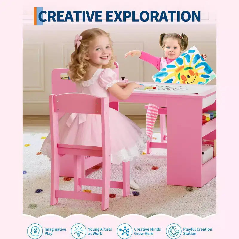 Table et chaises d'art pour enfants, bureau d'activités en bois avec étagères de rangement pour tout-petits, table d'activités pour enfants pour la maison, la salle de classe, la garderie