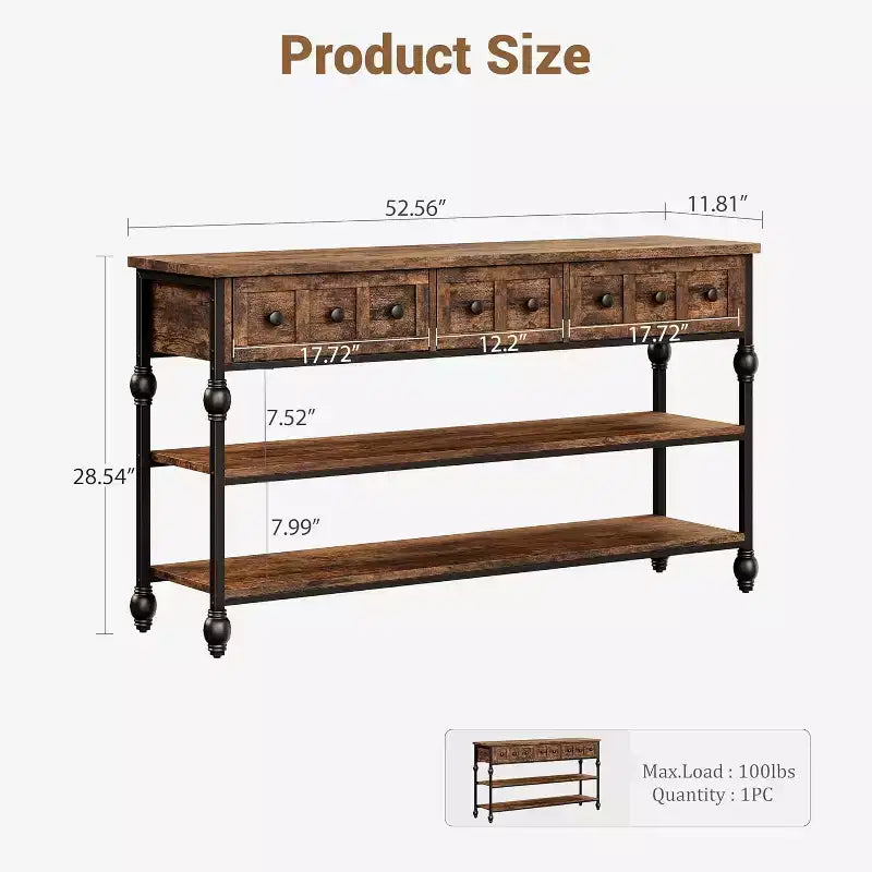 Table console de 132 cm, table d'entrée avec 3 tiroirs de rangement, table console industrielle à 3 niveaux avec rangement pour l'entrée, le couloir, le salon