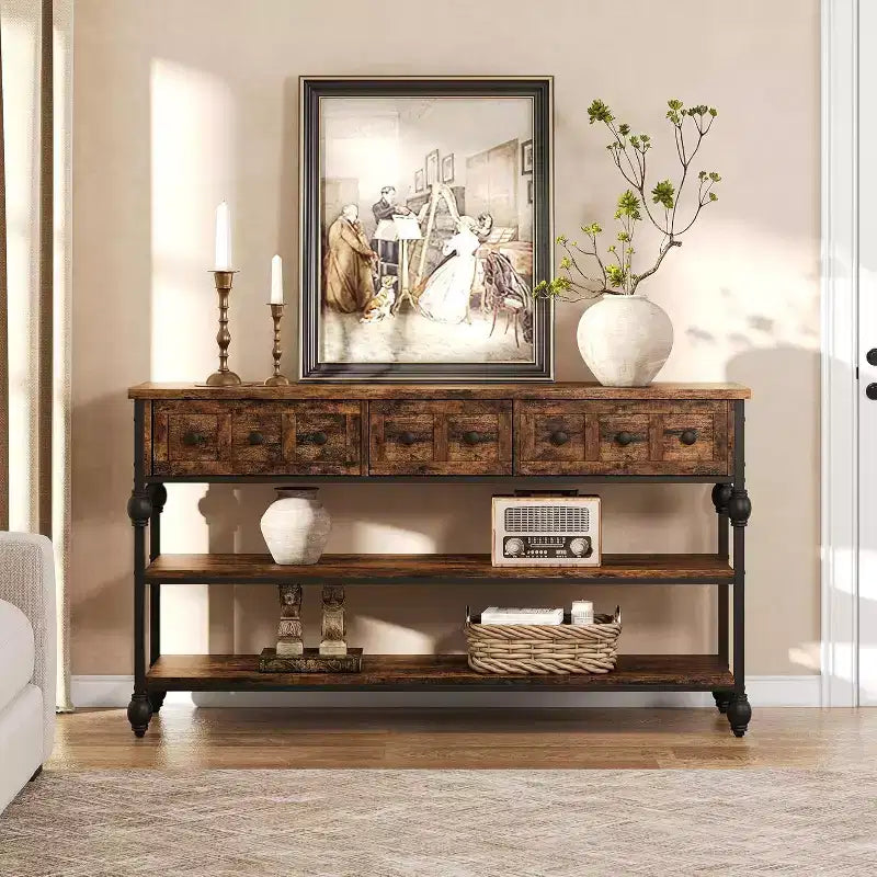 Table console de 132 cm, table d'entrée avec 3 tiroirs de rangement, table console industrielle à 3 niveaux avec rangement pour l'entrée, le couloir, le salon