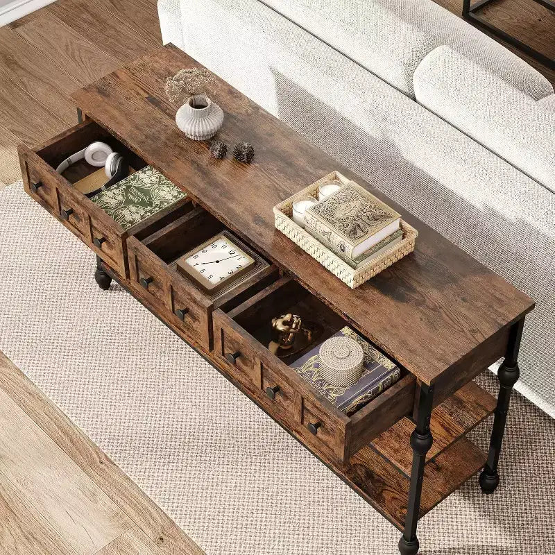 Table console de 132 cm, table d'entrée avec 3 tiroirs de rangement, table console industrielle à 3 niveaux avec rangement pour l'entrée, le couloir, le salon
