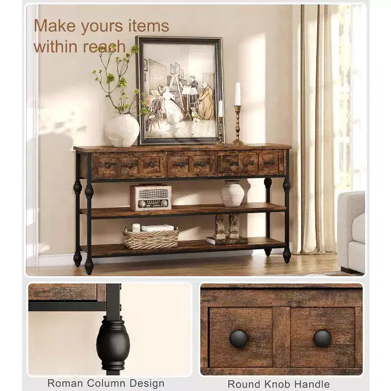 Table console de 132 cm, table d'entrée avec 3 tiroirs de rangement, table console industrielle à 3 niveaux avec rangement pour l'entrée, le couloir, le salon