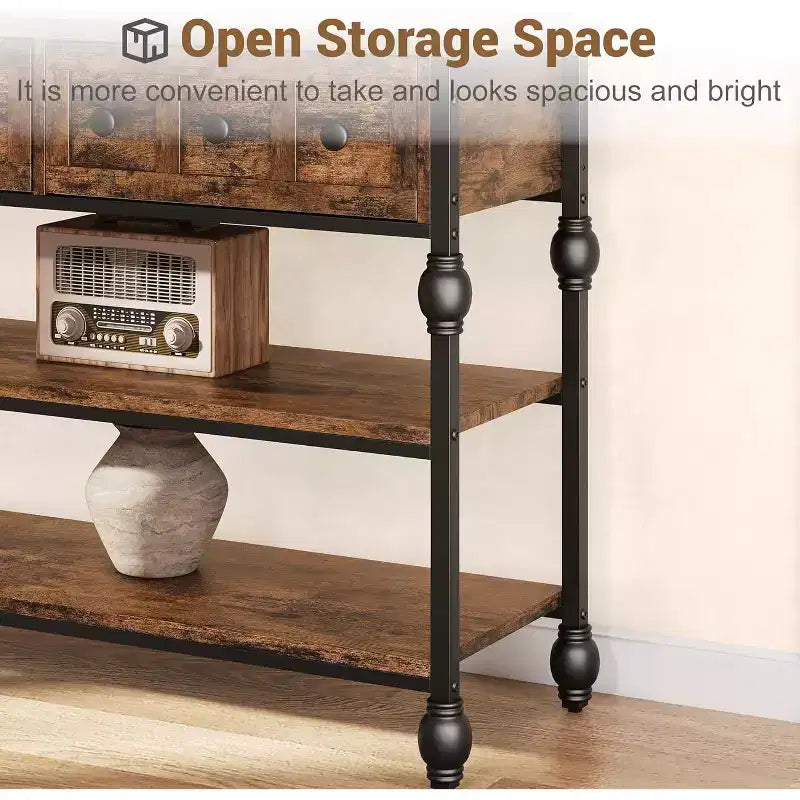 Table console de 132 cm, table d'entrée avec 3 tiroirs de rangement, table console industrielle à 3 niveaux avec rangement pour l'entrée, le couloir, le salon