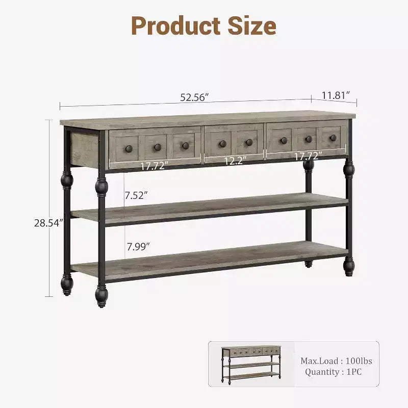 Table console de 132 cm, table d'entrée avec 3 tiroirs de rangement, table console industrielle à 3 niveaux avec rangement pour l'entrée, le couloir, le salon