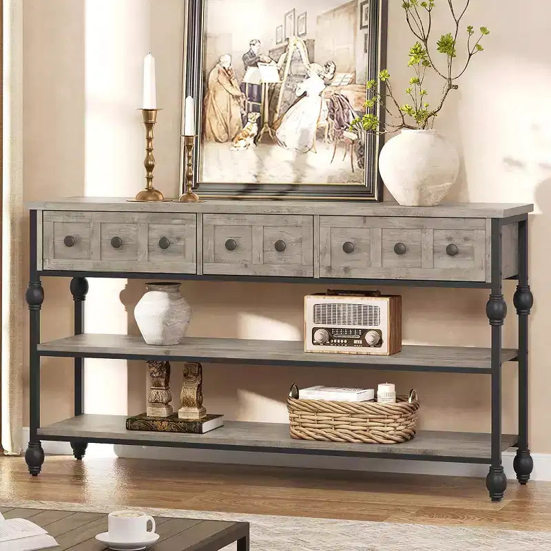Table console de 132 cm, table d'entrée avec 3 tiroirs de rangement, table console industrielle à 3 niveaux avec rangement pour l'entrée, le couloir, le salon