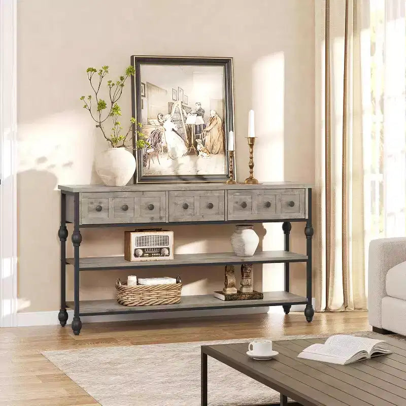 Table console de 132 cm, table d'entrée avec 3 tiroirs de rangement, table console industrielle à 3 niveaux avec rangement pour l'entrée, le couloir, le salon
