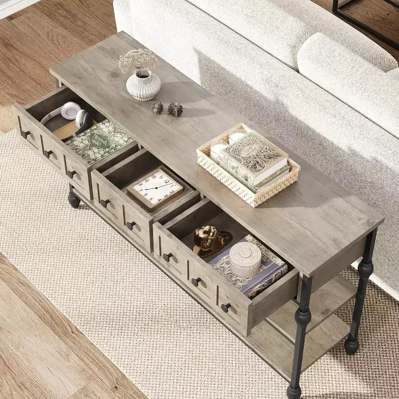 Table console de 132 cm, table d'entrée avec 3 tiroirs de rangement, table console industrielle à 3 niveaux avec rangement pour l'entrée, le couloir, le salon