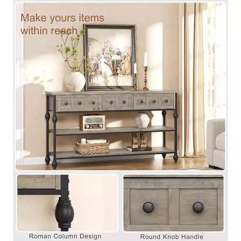 Table console de 132 cm, table d'entrée avec 3 tiroirs de rangement, table console industrielle à 3 niveaux avec rangement pour l'entrée, le couloir, le salon