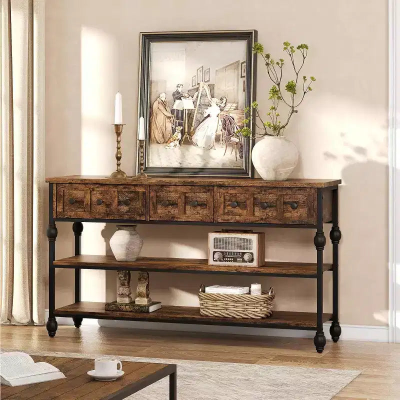 Table console de 132 cm, table d'entrée avec 3 tiroirs de rangement, table console industrielle à 3 niveaux avec rangement pour l'entrée, le couloir, le salon