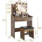Coiffeuse avec miroir et lumières, coiffeuse de maquillage avec prise de courant et tabouret rembourré, 3 modes d'éclairage luminosité réglable, table de maquillage