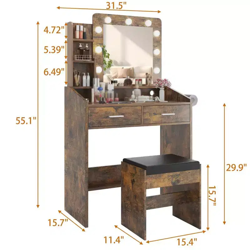Coiffeuse avec miroir et lumières, coiffeuse de maquillage avec prise de courant et tabouret rembourré, 3 modes d'éclairage luminosité réglable, table de maquillage