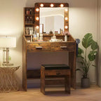 Coiffeuse avec miroir et lumières, coiffeuse de maquillage avec prise de courant et tabouret rembourré, 3 modes d'éclairage luminosité réglable, table de maquillage