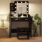 Coiffeuse avec miroir et lumières, coiffeuse de maquillage avec prise de courant et tabouret rembourré, 3 modes d'éclairage luminosité réglable, table de maquillage