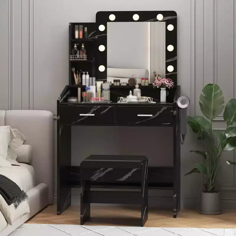 Coiffeuse avec miroir et lumières, coiffeuse de maquillage avec prise de courant et tabouret rembourré, 3 modes d'éclairage luminosité réglable, table de maquillage