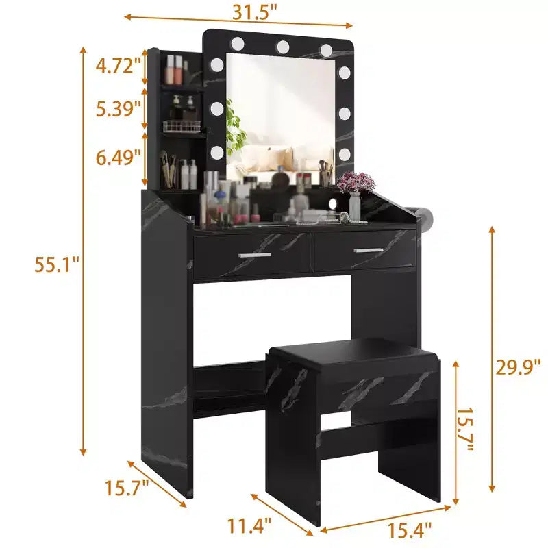 Coiffeuse avec miroir et lumières, coiffeuse de maquillage avec prise de courant et tabouret rembourré, 3 modes d'éclairage luminosité réglable, table de maquillage