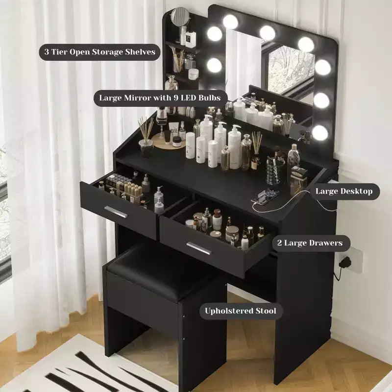 Coiffeuse avec miroir et lumières, coiffeuse de maquillage avec prise de courant et tabouret rembourré, 3 modes d'éclairage luminosité réglable, table de maquillage