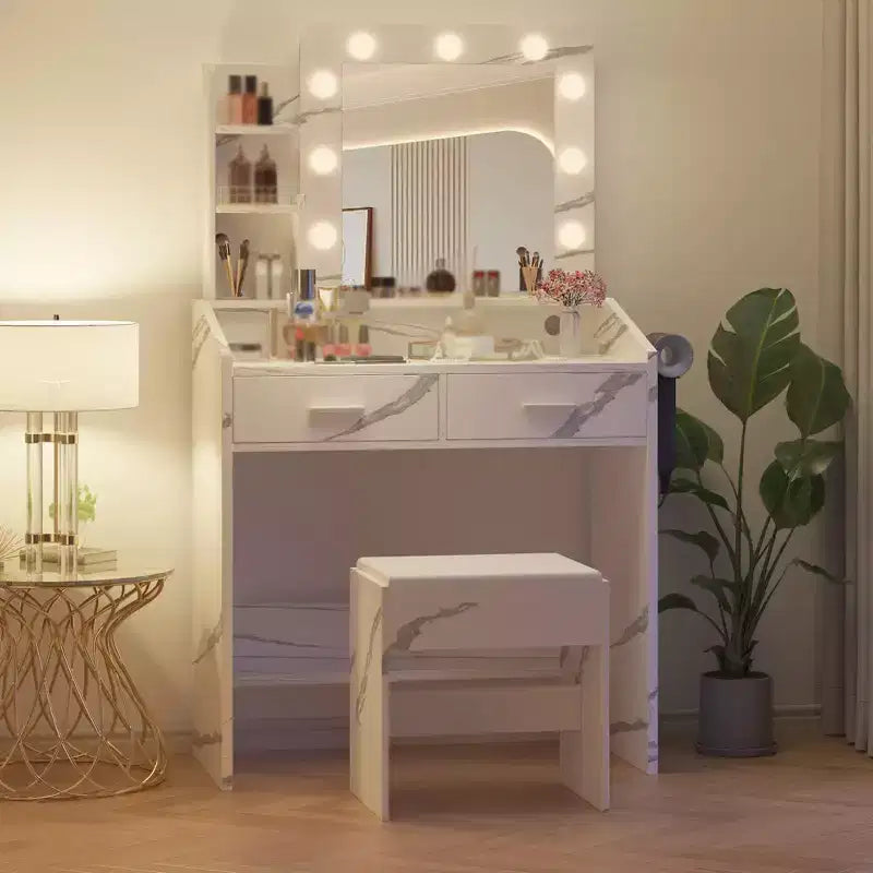 Coiffeuse avec miroir et lumières, coiffeuse de maquillage avec prise de courant et tabouret rembourré, 3 modes d'éclairage luminosité réglable, table de maquillage