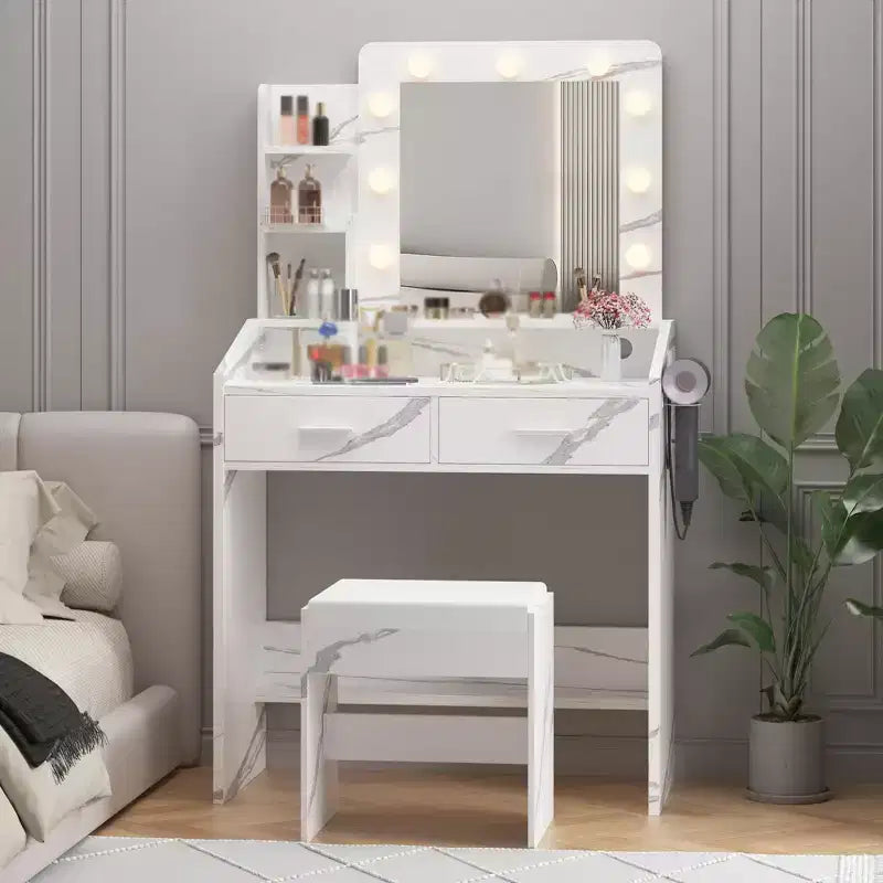 Coiffeuse avec miroir et lumières, coiffeuse de maquillage avec prise de courant et tabouret rembourré, 3 modes d'éclairage luminosité réglable, table de maquillage