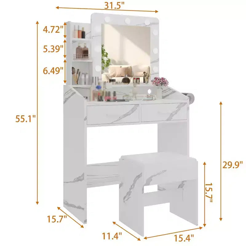 Coiffeuse avec miroir et lumières, coiffeuse de maquillage avec prise de courant et tabouret rembourré, 3 modes d'éclairage luminosité réglable, table de maquillage