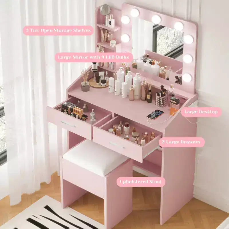 Coiffeuse avec miroir et lumières, coiffeuse de maquillage avec prise de courant et tabouret rembourré, 3 modes d'éclairage luminosité réglable, table de maquillage