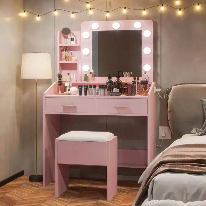 Coiffeuse avec miroir et lumières, coiffeuse de maquillage avec prise de courant et tabouret rembourré, 3 modes d'éclairage luminosité réglable, table de maquillage