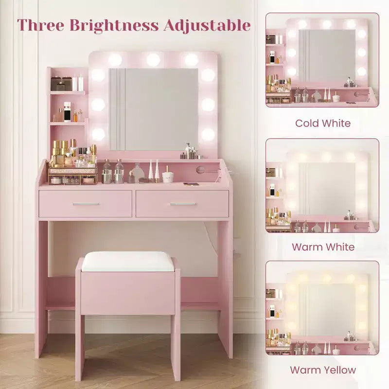 Coiffeuse avec miroir et lumières, coiffeuse de maquillage avec prise de courant et tabouret rembourré, 3 modes d'éclairage luminosité réglable, table de maquillage