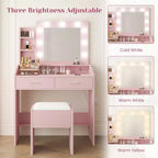 Coiffeuse avec miroir et lumières, coiffeuse de maquillage avec prise de courant et tabouret rembourré, 3 modes d'éclairage luminosité réglable, table de maquillage