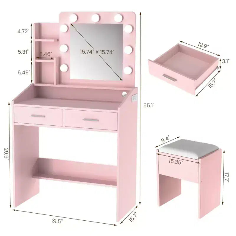 Coiffeuse avec miroir et lumières, coiffeuse de maquillage avec prise de courant et tabouret rembourré, 3 modes d'éclairage luminosité réglable, table de maquillage