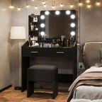 Coiffeuse avec miroir et lumières, coiffeuse de maquillage avec prise de courant et tabouret rembourré, 3 modes d'éclairage luminosité réglable, table de maquillage