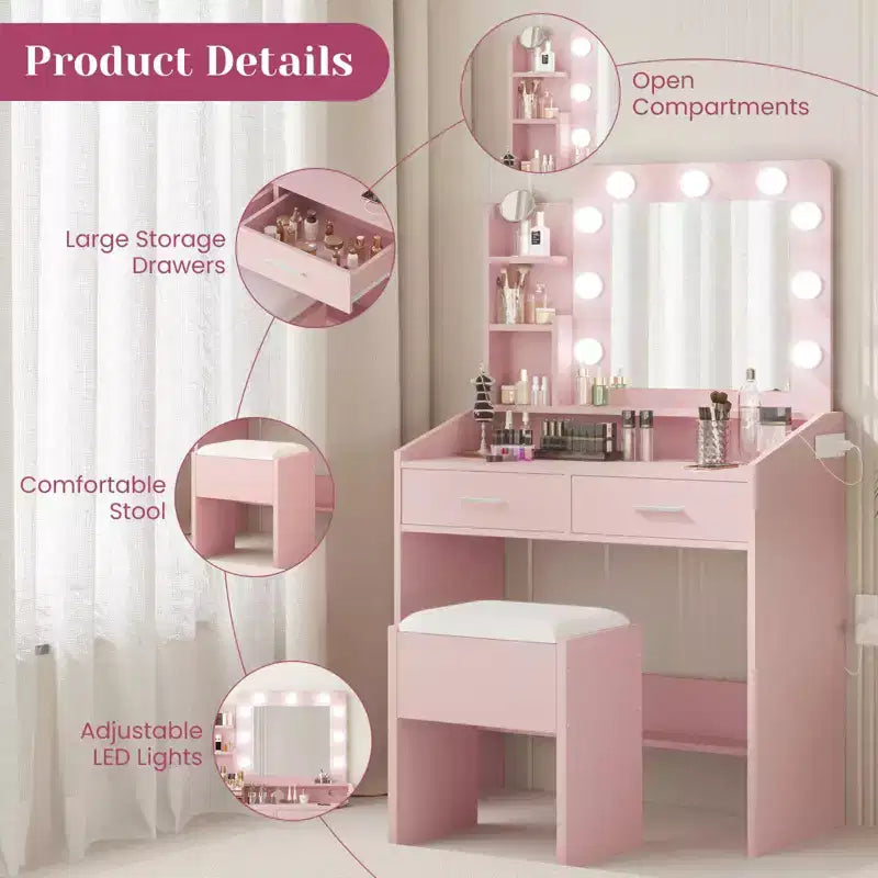 Coiffeuse avec miroir et lumières, coiffeuse de maquillage avec prise de courant et tabouret rembourré, 3 modes d'éclairage luminosité réglable, table de maquillage